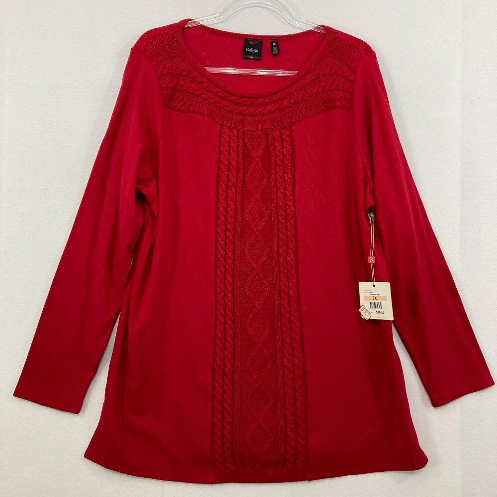 New Rafaella size 2X Red Crew Neck Cable Knit Detail Comfy Cozy Sweater